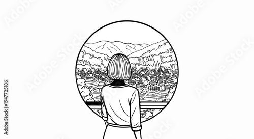 Person gazes at a village nestled in a valley beneath distant mountains