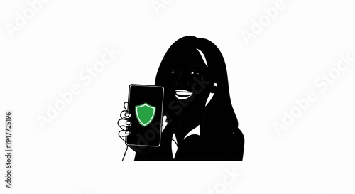 Person holding a phone with a green shield symbol indicating security