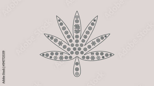 A minimalist line drawing of a cannabis leaf decorated with intricate floral patterns on a beige background.