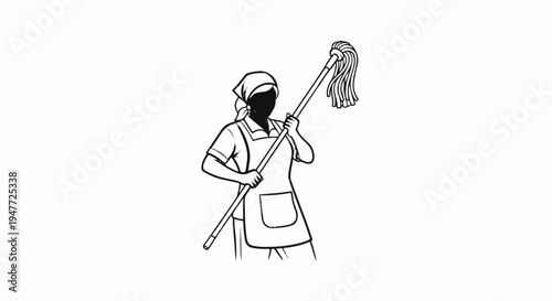 Person in apron and headscarf holds mop, ready for cleaning