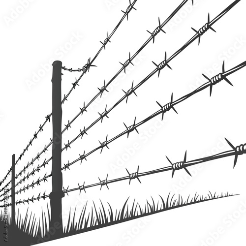 A barbed wire fence stretches across the landscape, sharp metal strands twisted tightly, marking boundaries and adding a rugged, protective barrier to the scene.
