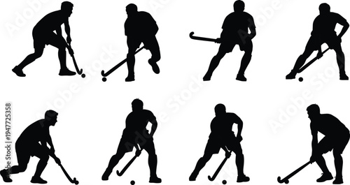 Field hockey player silhouettes set with stick and ball action poses isolated vector collection for sports design illustration