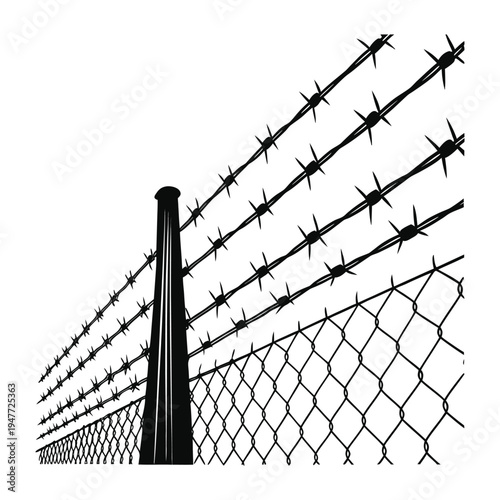 A barbed wire fence stretches across the landscape, sharp metal strands twisted tightly, marking boundaries and adding a rugged, protective barrier to the scene.
