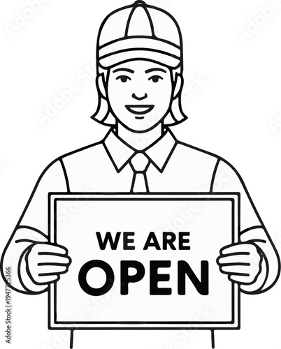 Person in cap and shirt holds sign saying "WE ARE OPEN" welcomingly