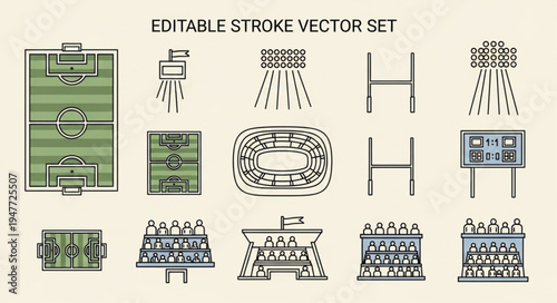 Editable Stroke Vector Set - Sports Field and Stadium Elements.