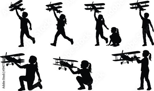 Kids playing with toy airplane silhouettes children aviation play imagination flying model plane isolated on white background set