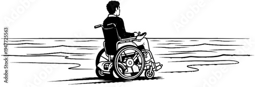 Person in wheelchair looks out at a tranquil, wavy seascape under a bright sky