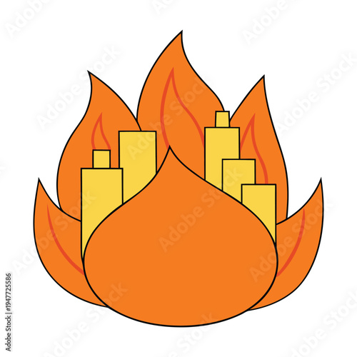 A chaotic city engulfed in flames, smoke rising into a dark sky, buildings crumbling, and streets ablaze, capturing destruction and turmoil in a fiery scene.
