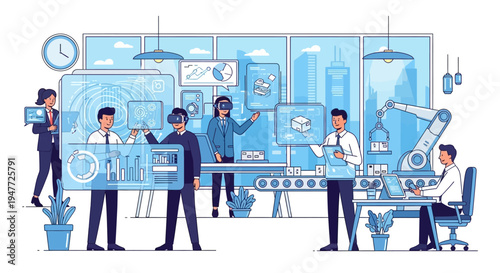 Team Collaborating with Futuristic Technology in Modern Office.