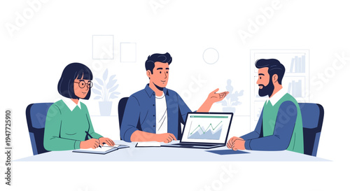 Three diverse professionals collaborating in a modern office meeting.