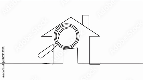 A minimalist line drawing of a house with a magnifying glass in front of it, symbolizing home inspection or real estate search.