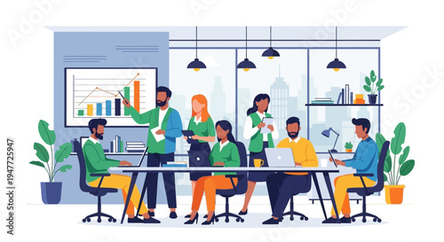 Diverse team collaborating in a modern office meeting.