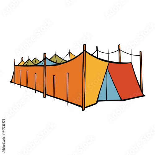 A refugee camp fence stands as a barrier, enclosing tents and people, symbolizing both safety and restriction in a space of hope and hardship.
