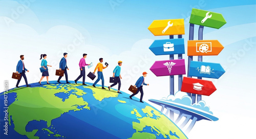 People walking on globe directions.