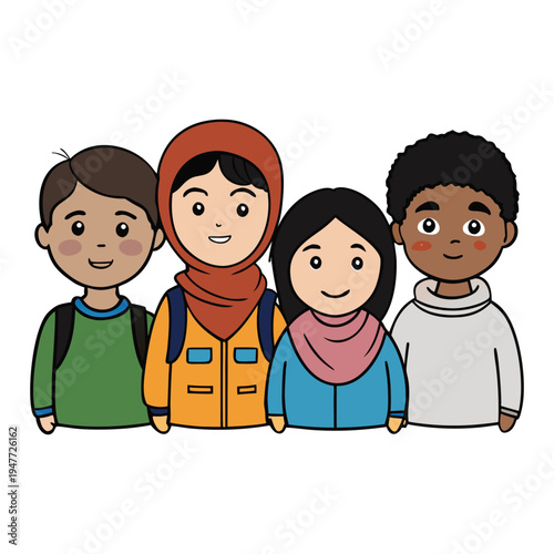 Refugee kids stand together with hope in their eyes, carrying dreams and courage, navigating a world of challenges while seeking safety, warmth, and belonging.
