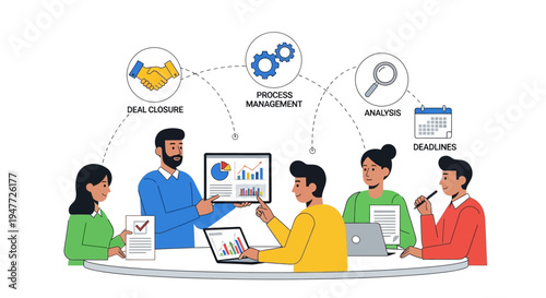 Team collaborating on business strategy and data analysis.