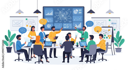 Diverse team collaborating in a modern office meeting.