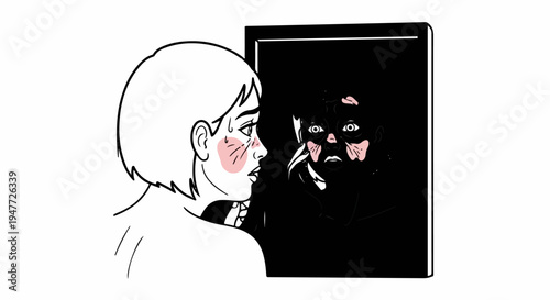 Person looking in mirror sees a distorted, dark reflection with wide eyes