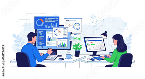 Two people working together analyzing data on computers.