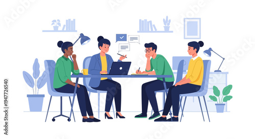 Diverse team collaborating in a modern office meeting.