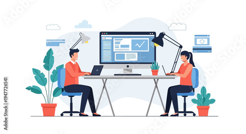 Two people working together at a modern office desk.