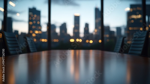 Modern meeting room with city skyline view at dusk
