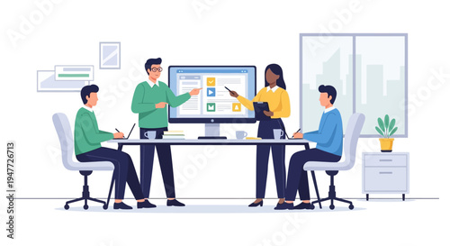 Diverse team collaborating in a modern office meeting.