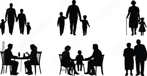 Family silhouette collection, people walking, parents with children, elderly couple, dining scene, human silhouettes set, black shadow characters, vector illustration pack