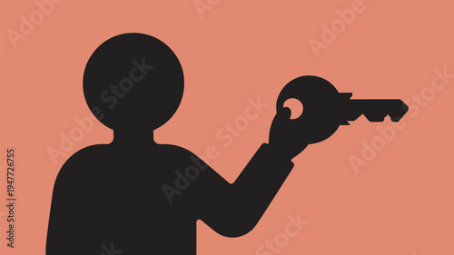 A silhouette of a person holding a key against a vibrant orange background