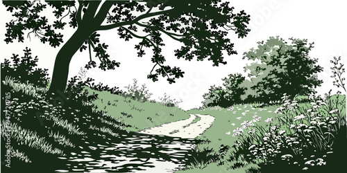 A serene pathway through a lush green landscape with trees Vector