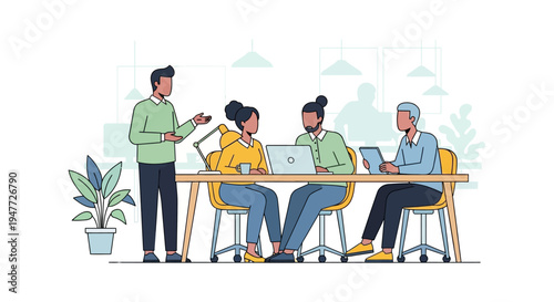 Diverse team collaborating in a modern office meeting.