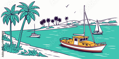 A yellow and white boat floating on turquoise water near a sandy shore Vector