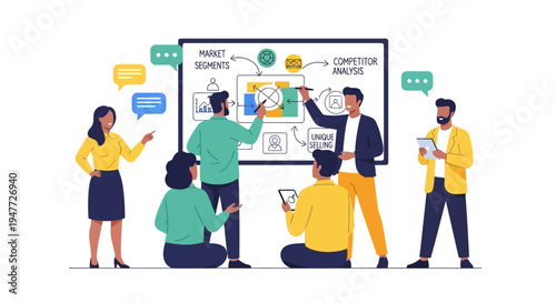 Team Collaborating on Business Strategy Whiteboard Session.