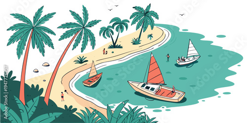 A tropical beach with palm trees and sailboats Vector