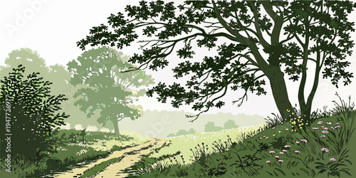 A tree on the side of a dirt road in a rural area Vector