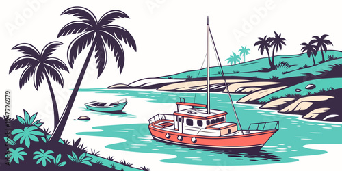 A red sailboat floats on turquoise water near a tropical shore Vector