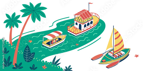 A colorful illustration of a tropical island with a sailboat and a raft Vector