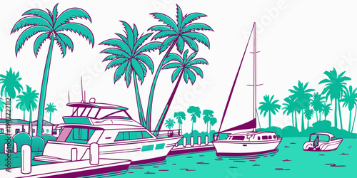 Yacht and sailboat in tropical bay with palm trees Vector