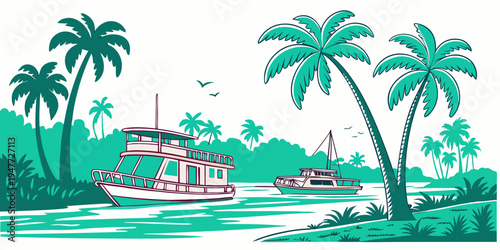 A boat is sailing on a river with palm trees Vector