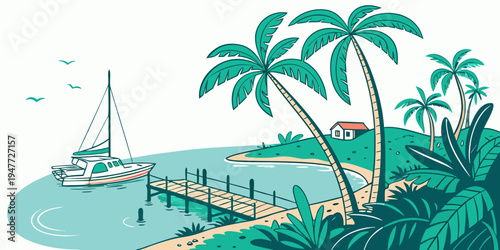 A tropical island with palm trees and a sailboat Vector