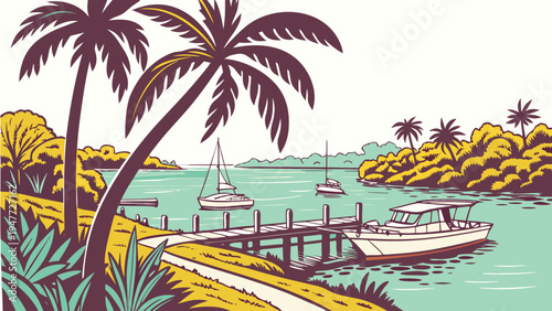 A serene tropical landscape with palm trees and a dock Vector