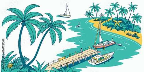 A serene tropical bay with a wooden dock and sailboats Vector