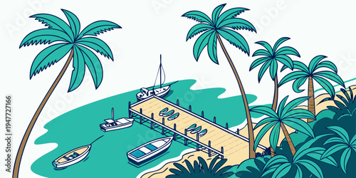 A beach with palm trees and boats in the water Vector
