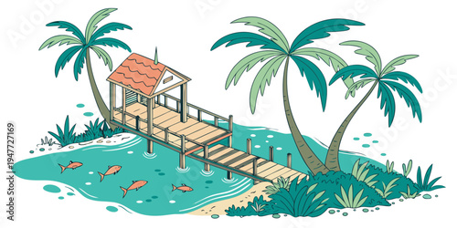 A small island with a hut and palm trees Vector