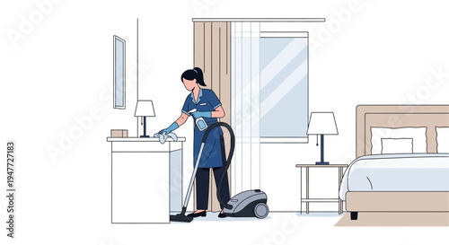 Woman cleaning a bedroom with vacuum cleaner and cloth.
