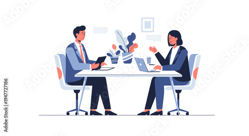 Two professionals in a business meeting discussing work.