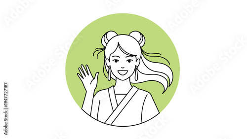 Cute girl with hair in double buns waving her hand and smiling warmly within a vibrant green circle frame in portrait style.