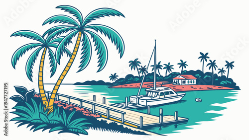 A serene tropical island scene with a docked sailboat Vector
