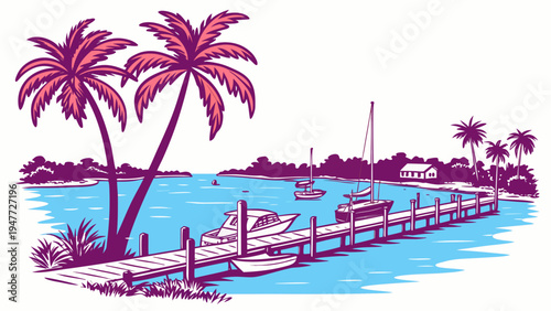 A dock with palm trees on the water Vector