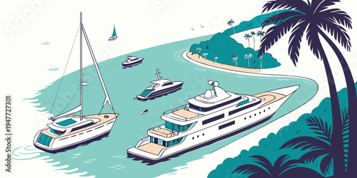 Yacht and sailboat on a tropical island bay Vector
